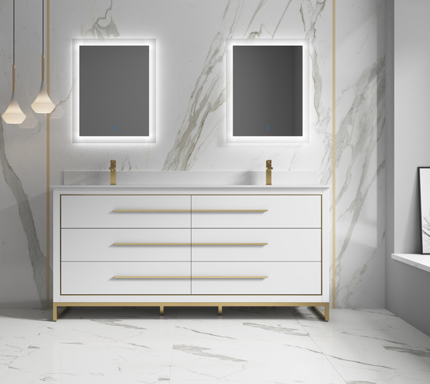 Alma Kathyia 72″ Double Sink Vanity ,White Stone top with porcelain sink ,Brush Gold Hardware
