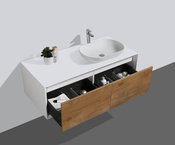 Alma Fiona 48″ Natural Wood Finish Wall Mount Vanity With A Vessel Sink / Right Side Sink