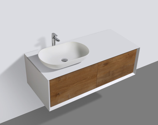 Alma Fiona 48″ Natural Wood Finish Wall Mount Vanity With A Vessel Sink / Left Side Sink