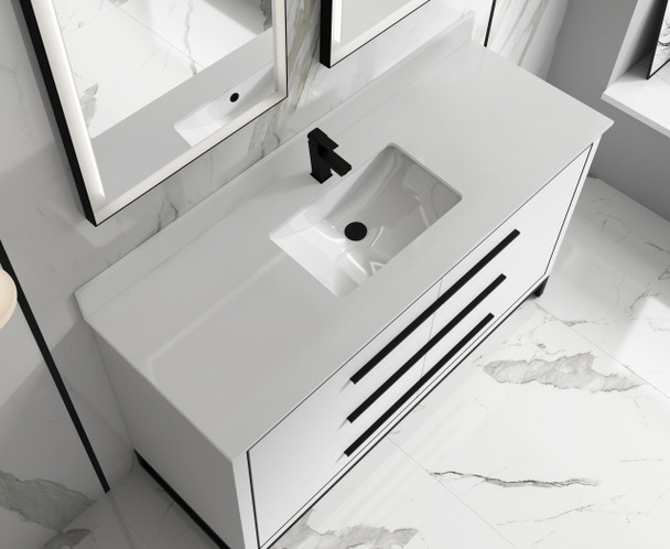 Alma Kathyia 60″ Single Sink Vanity ,White Stone top with porcelain sink ,Matt black Hardware