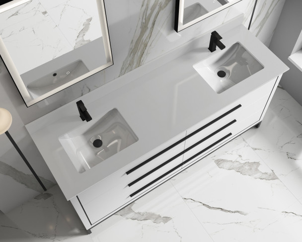 Alma Kathyia 72″ Double Sink Vanity ,White Stone top with porcelain sink ,Matt black Hardware