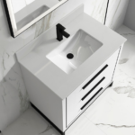 Alma Kathyia 36″ Free Standing Vanity ,White Stone top with porcelain sink ,Matt black Hardware