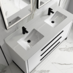 Alma Kathyia 60″ Double Sink Vanity ,White Stone top with porcelain sink ,Matt black Hardware