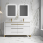 Alma Kathyia 60″ Double Sink Vanity ,White Stone top with porcelain sink ,Brush Gold Hardware