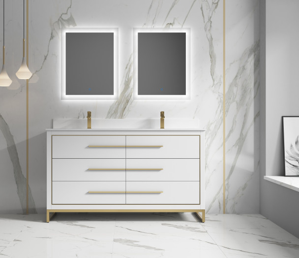 Alma Kathyia 60″ Double Sink Vanity ,White Stone top with porcelain sink ,Brush Gold Hardware