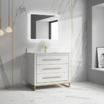 Alma Kathyia 40″ Free Standing Vanity ,White Stone Top With Porcelain sink ,Golden Brass Hardware