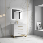 Alma Kathyia 36″ Free Standing Vanity ,White Stone Top With Porcelain sink ,Golden Brass Hardware