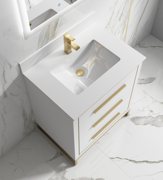 Alma Kathyia 30″ Free Standing Vanity ,White Stone Top With Porcelain sink ,Golden Brass Hardware