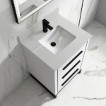 Alma Kathyia 24″ Free Standing Vanity ,White Stone top with porcelain sink ,Matt black Hardware