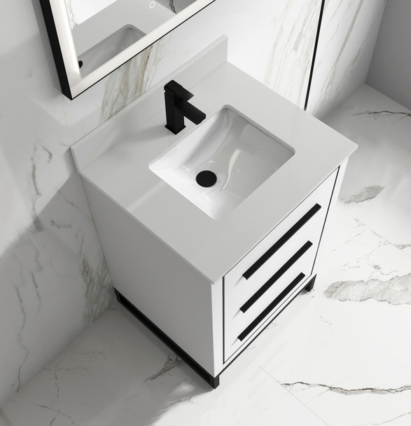 Alma Kathyia 24″ Free Standing Vanity ,White Stone top with porcelain sink ,Matt black Hardware