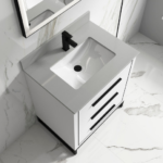 Alma Kathyia 30″ Free Standing Vanity ,White Stone top with porcelain sink ,Matt black Hardware