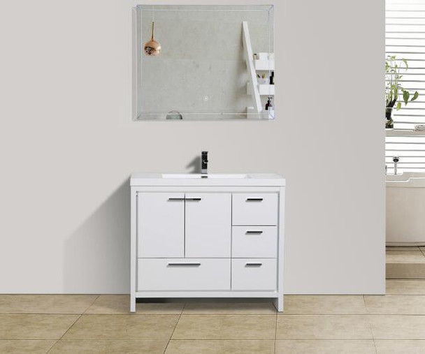 Alma Allier 42″ Gloss White Vanity With A Integrated Sink / Right Side Drawers