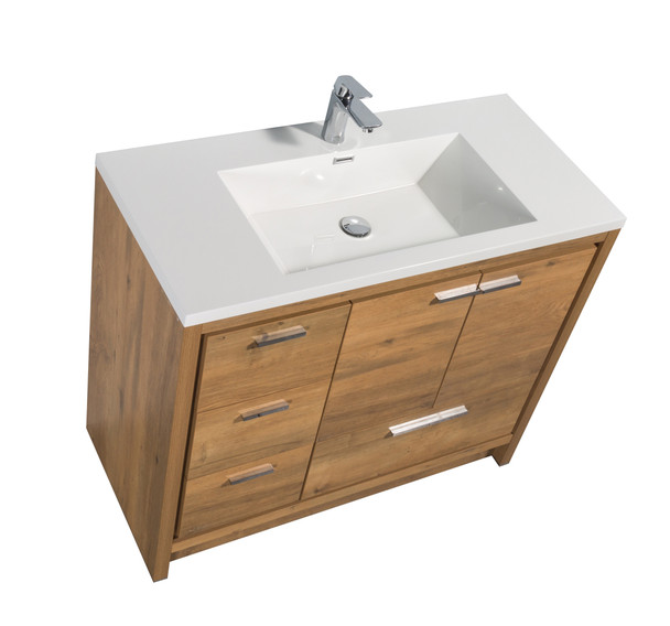 Alma Allier 42″ Natural Wood Finish Vanity With Integrated Sink / Left Side Drawers