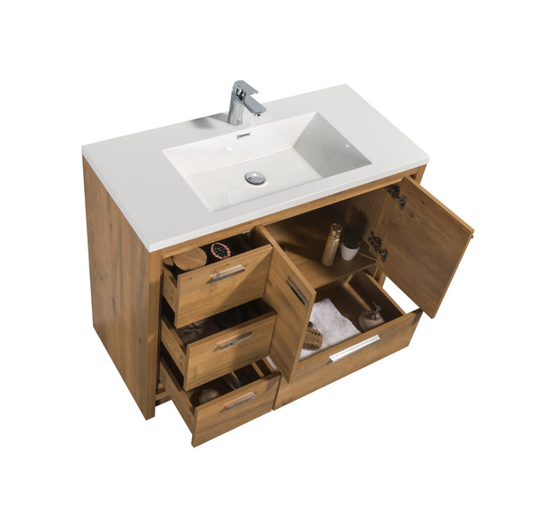 Alma Allier 42″ Natural Wood Finish Vanity With Integrated Sink / Left Side Drawers