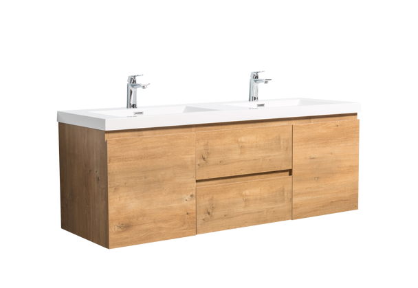 Alma Pre 60″ Natural Oak Double Sink Wall Mount Vanity With A Integrated Sink