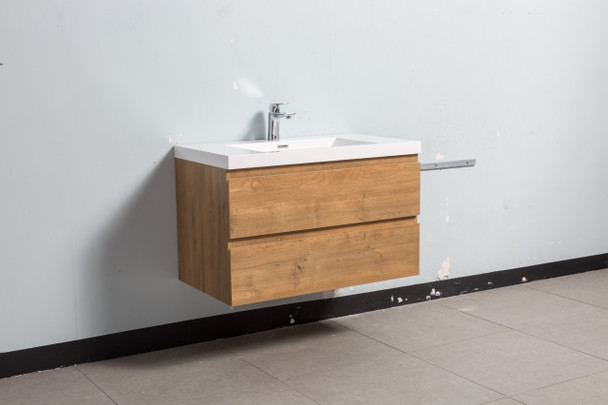 Alma-Pre 36″ Natural Oak Wall Mount Vanity With A Integrated Sink