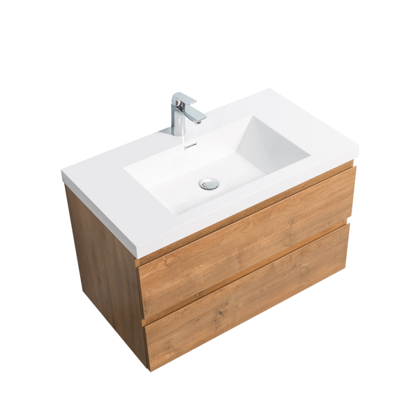 Alma-Pre 36″ Natural Oak Wall Mount Vanity With A Integrated Sink