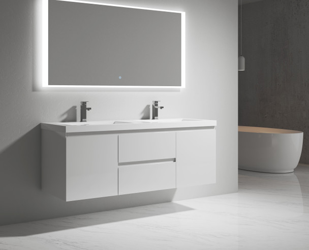 Alma-Pre 60″ Gloss White Double Sink Vanity With A Integrated Sink