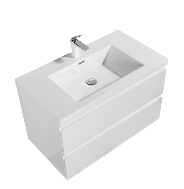 Alma -Pre 36″ Gloss White Wall Mount Vanity With A Integrated Sink