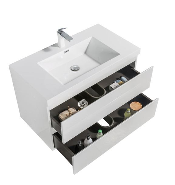 Alma -Pre 36″ Gloss White Wall Mount Vanity With A Integrated Sink