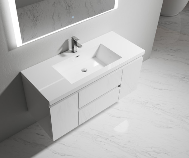 Alma-Pre 48″ Gloss White Wall Mount Vanity With A Integrated Sink